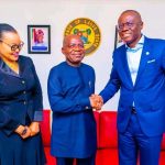 Governor of Lagos State,Sanwo Olu(1st left),Abia State Governor,Dr Alex Otti(2nd left) when the latter visited Lagos state Governor recently.