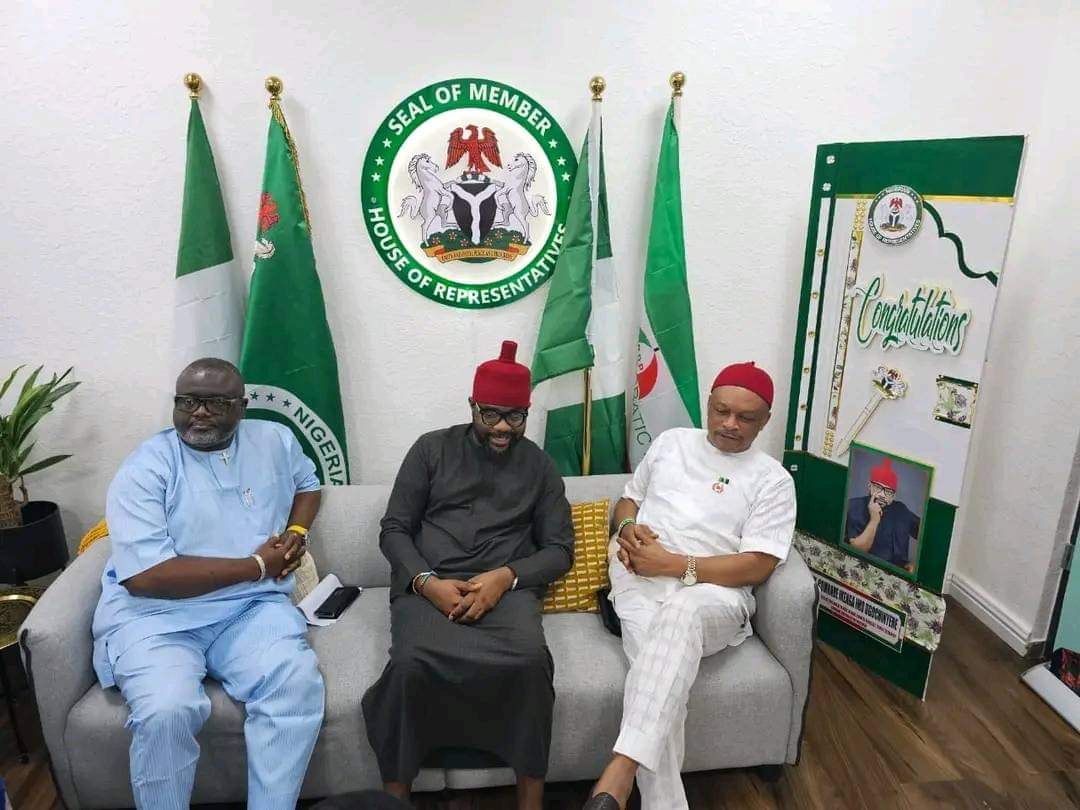 Senator Samuel Anyanwu(1st right),Hon Ikenga Ugochinyere(Middle),and Hon Jones Onyeriri when the duo visited Ideato Reps member,yesterday.