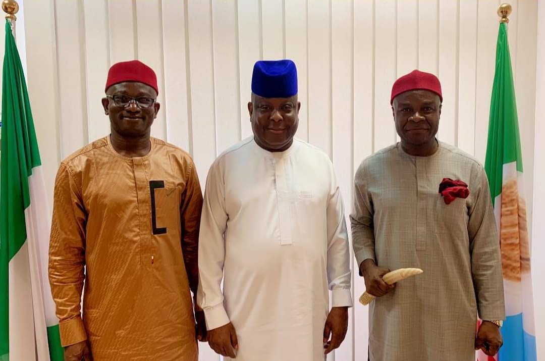 Senator Osita Izunaso(Middle),Hon Canicemoore Nwachukwu(Right) and Hon Peter Aniekwe(Left),after election into ECOWAS Parliament,in Abuja,recently.