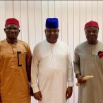Senator Osita Izunaso(Middle),Hon Canicemoore Nwachukwu(Right) and Hon Peter Aniekwe(Left),after election into ECOWAS Parliament,in Abuja,recently.