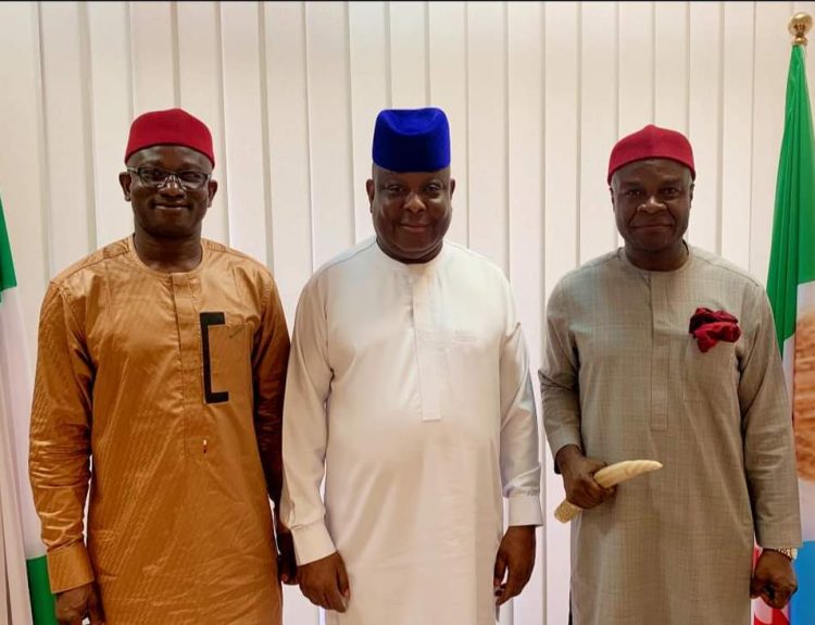 Senator Osita Izunaso(Middle),Hon Canicemoore Nwachukwu(Right) and Hon Peter Aniekwe(Left),after election into ECOWAS Parliament,in Abuja,recently.