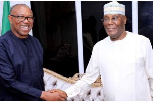 Peter Obi(Left),in a warm handshake with Atiku Abubakar,when the former visited the latter,yesterday.